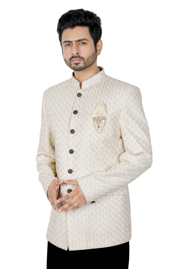 Elegant Ivory Textured Sherwani Jacket with Embellished Brooch