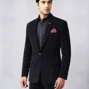 Premium Black Textured 2-Piece Suit Set for Men with Printed Pocket Square 1001