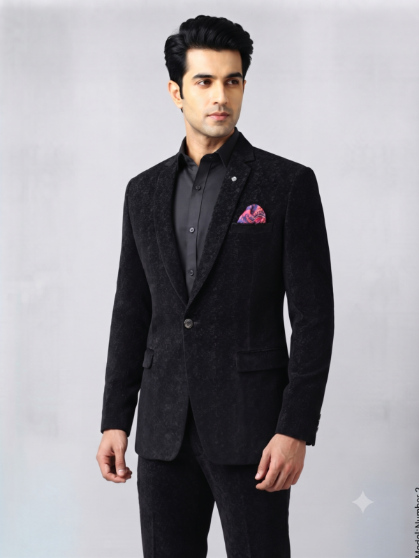 Premium Black Textured 2-Piece Suit Set for Men with Printed Pocket Square 1001