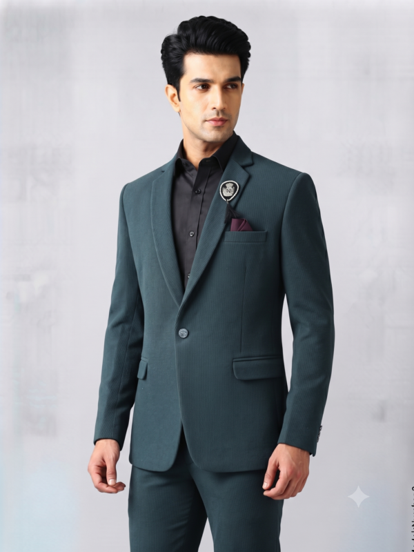 Premium Teal Blue Textured 2-Piece Suit Set for Men with Brooch & Pocket Square 1002