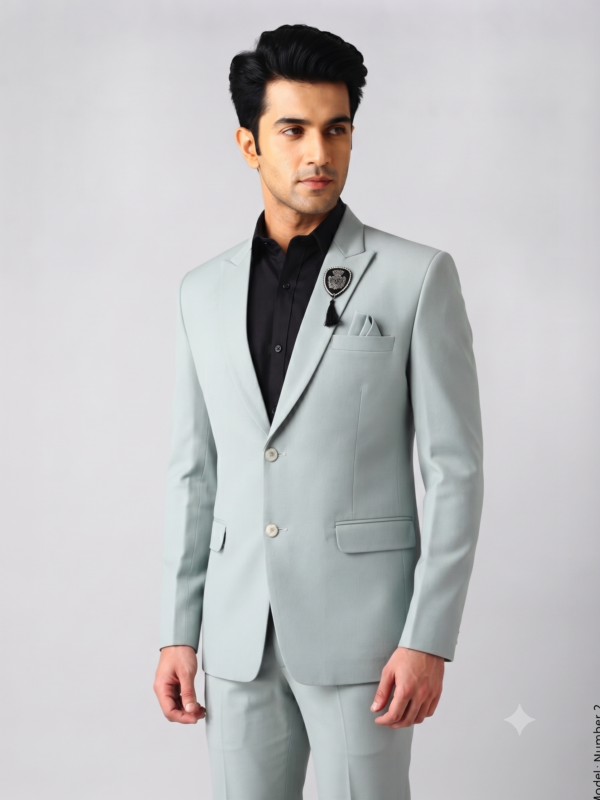 Premium Ice Blue Textured 2-Piece Suit Set for Men with Black Shirt & Brooch 1004