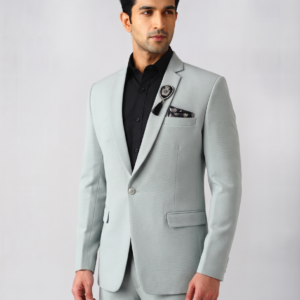 Premium Ice Grey Textured 2-Piece Suit Set for Men with Black Shirt & Brooch 1005