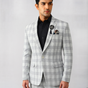 Premium White & Grey Checkered 2-Piece Suit Set for Men with Black Shirt & Brooch 1006