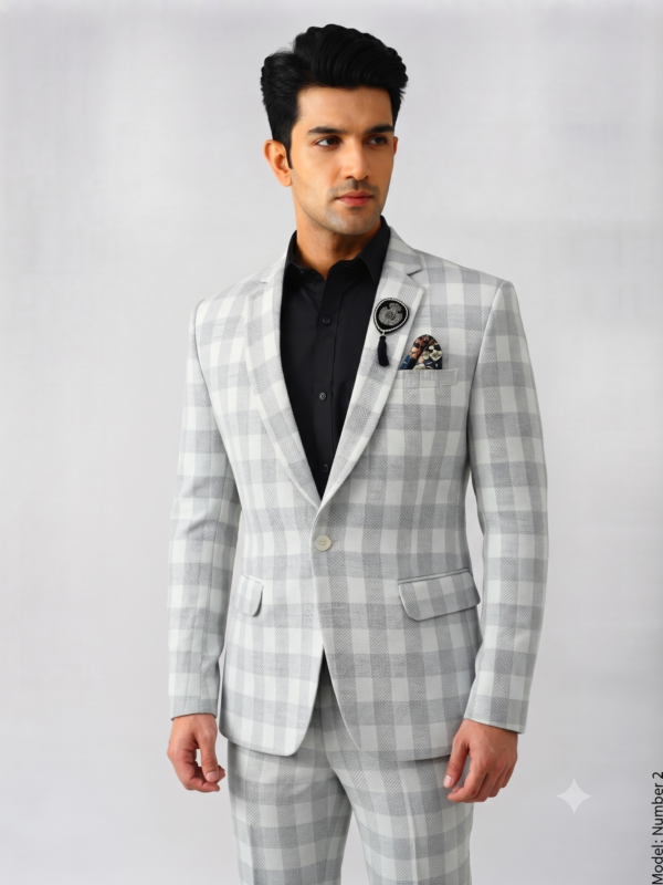 Premium White & Grey Checkered 2-Piece Suit Set for Men with Black Shirt & Brooch 1006